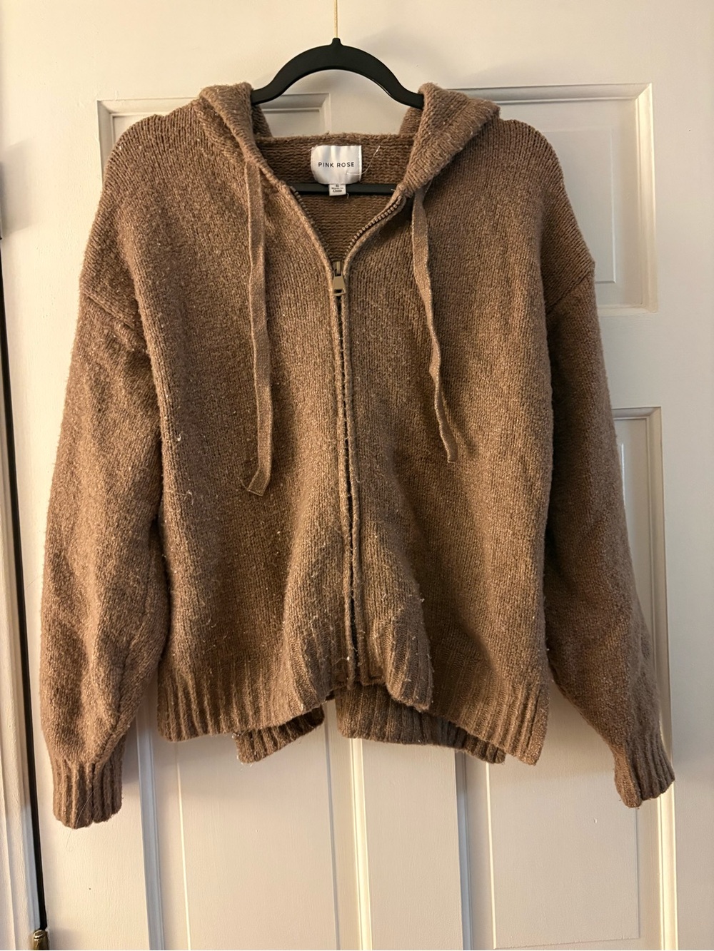 Pink Rose Brown Zip-Up Hooded Cardigan Sweater